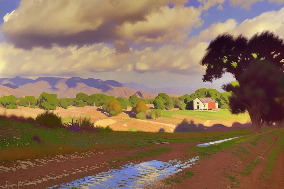 sunny day, clouds, rocks, trees, mountains, countryside, dirt road, adobe old house, gustave caillebotte and pieter franciscus dierckx impressionism paintings