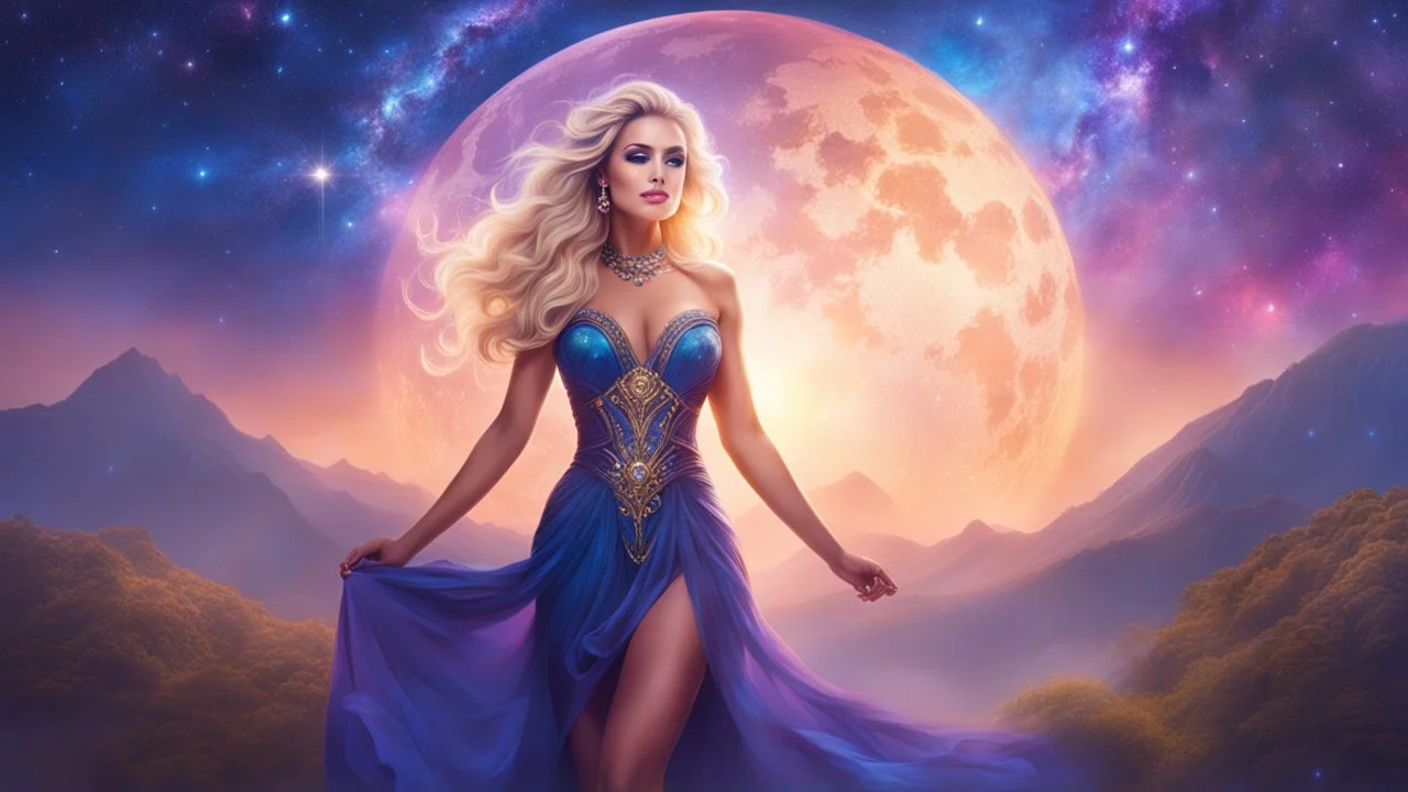 Full body portrait of a peaceful ((smiling)) gorgeous blonde Goddess of the galaxies with a blue indigo purple skin, high skul, luminous eyes in a galactic sunset