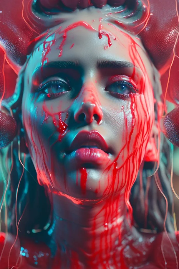 Photoreal gorgeous shot of a goth female, darkred slime, 8k, high detail, smooth render, unreal engine 5, cinema 4d, HDR, dust effect, vivid colors