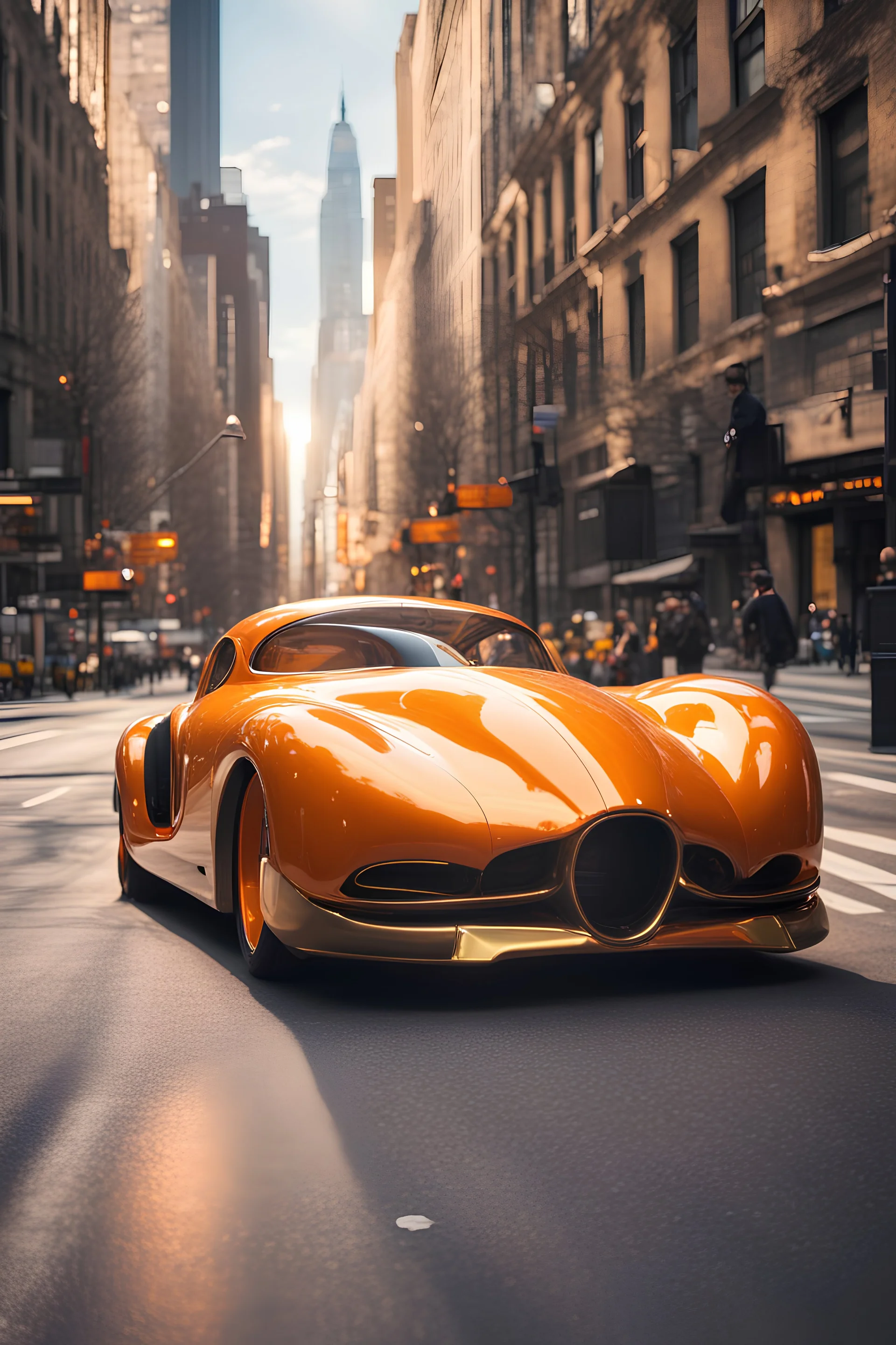 creates a concept supercar in '40s style with a retro-futuristic bodywork in orange and gold on a street of New York, with a bright sky