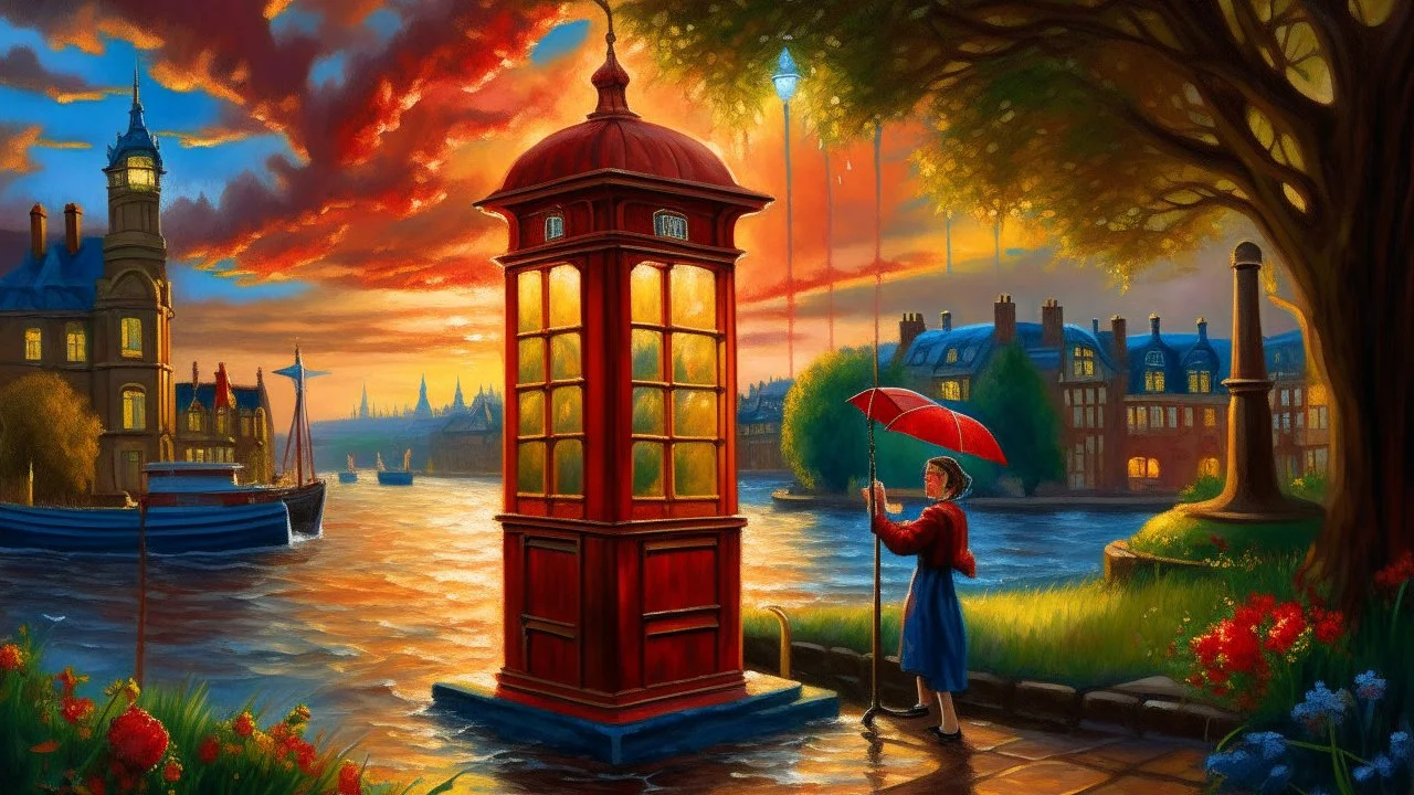 He creates a painting of a red telephone box in rain-soaked London, a woman picking flowers in a garden, a sunset over the sea, and light shining on the fishing boat in the distance, in the style of William Blake.