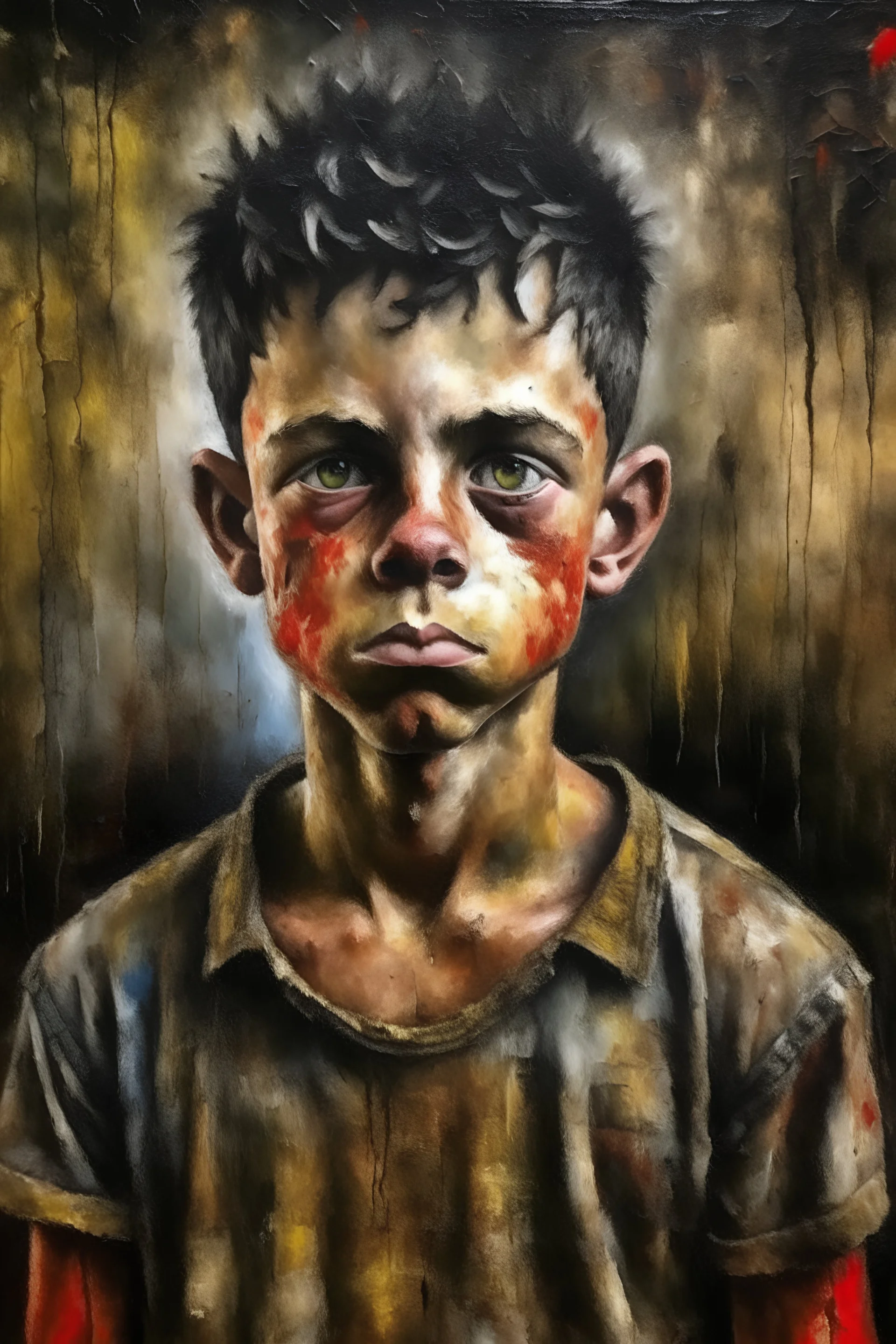 In this exquisite mixed media art piece we are delighted to behold a striking portrait showcasing a forlorn young lad The evocative hunger in his expressive gaze is palpable captivating our hearts and minds as his threadbare tattered tshirt bearing witness to the harsh realities of his destitute existence tells a poignant tale Meticulously blending the raw emotive power of oil painting with the delicate touch of pastels the artist has masterfully infused this composition with a profound sense of