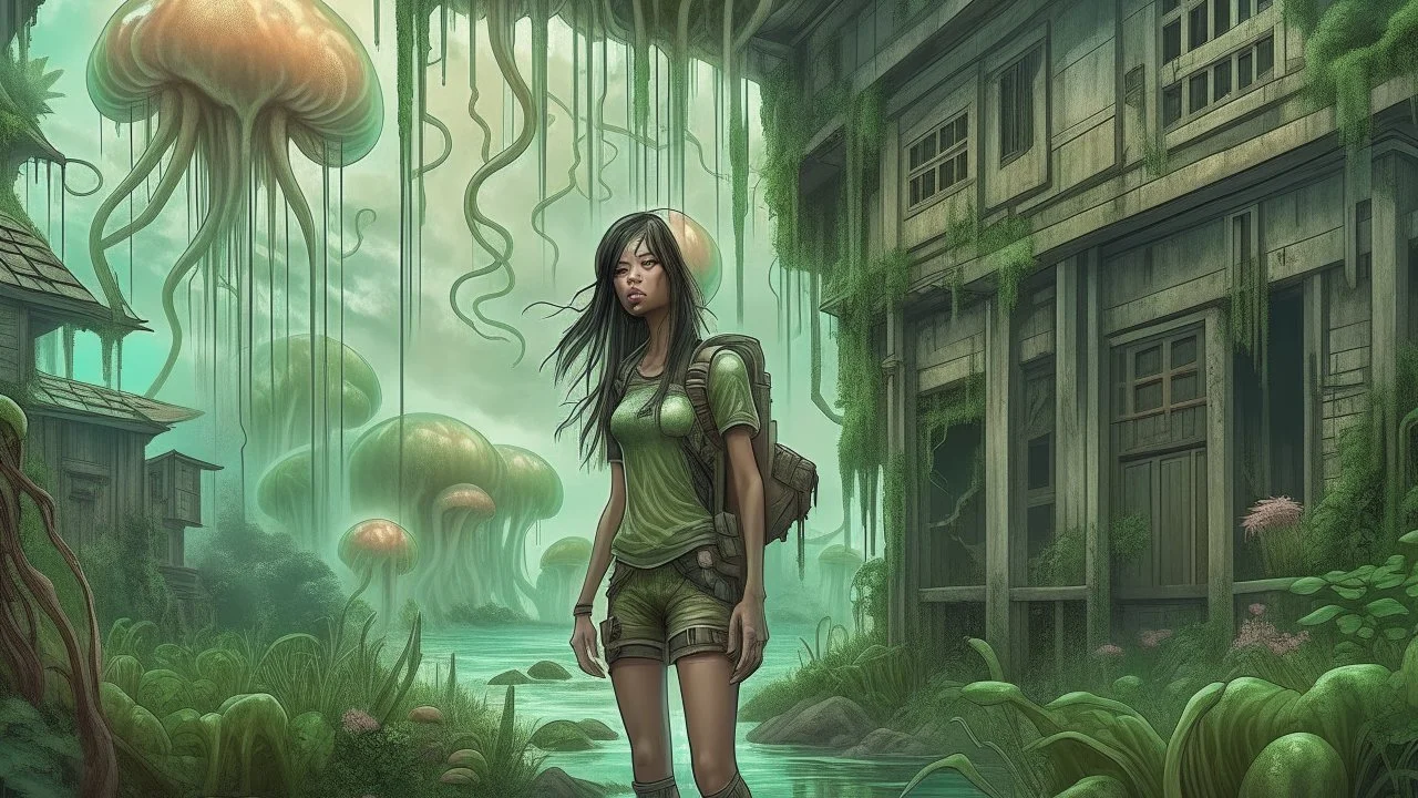 floating alien mushrooms with jellyfish tentacles, rampant foliage, vines, and Spanish moss, next to derelict buildings, a woman with black hair in a ponytail, camouflage trousers and jacket, photorealistic, Intricate Detail