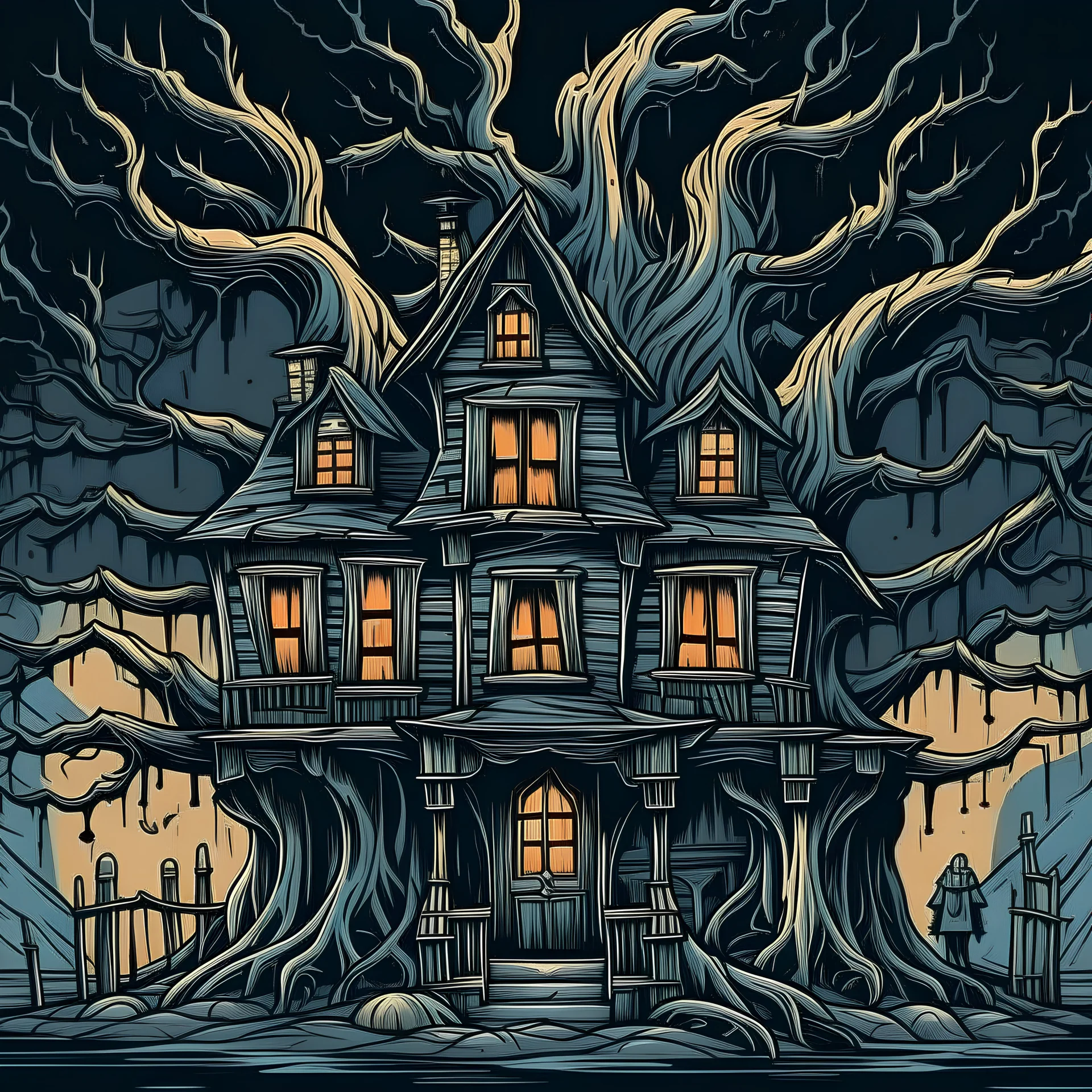 a cartoon like haunted house, creepy trees with cartoon vampire, mummy, witch ultra sharp, 8 k, illustration, highly detailed, smooth and clean vector, no jagged lines, vector art