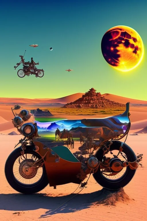 A weird abstract image of an oasis, a camel, astronot, broken bicycle, bush of black old roses, clear skies with red moon, army tanker, weird, chaos80, surrealism