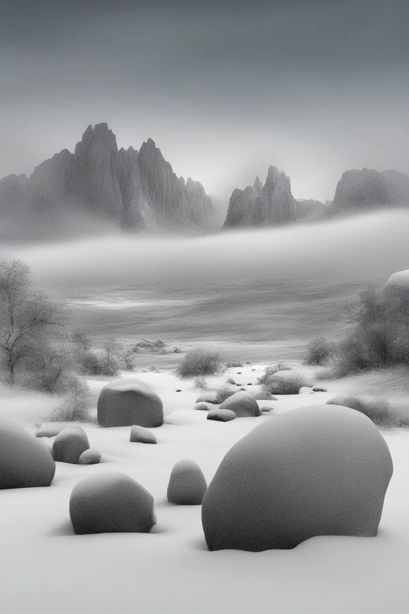 Drawn rocks on a snowy landscape