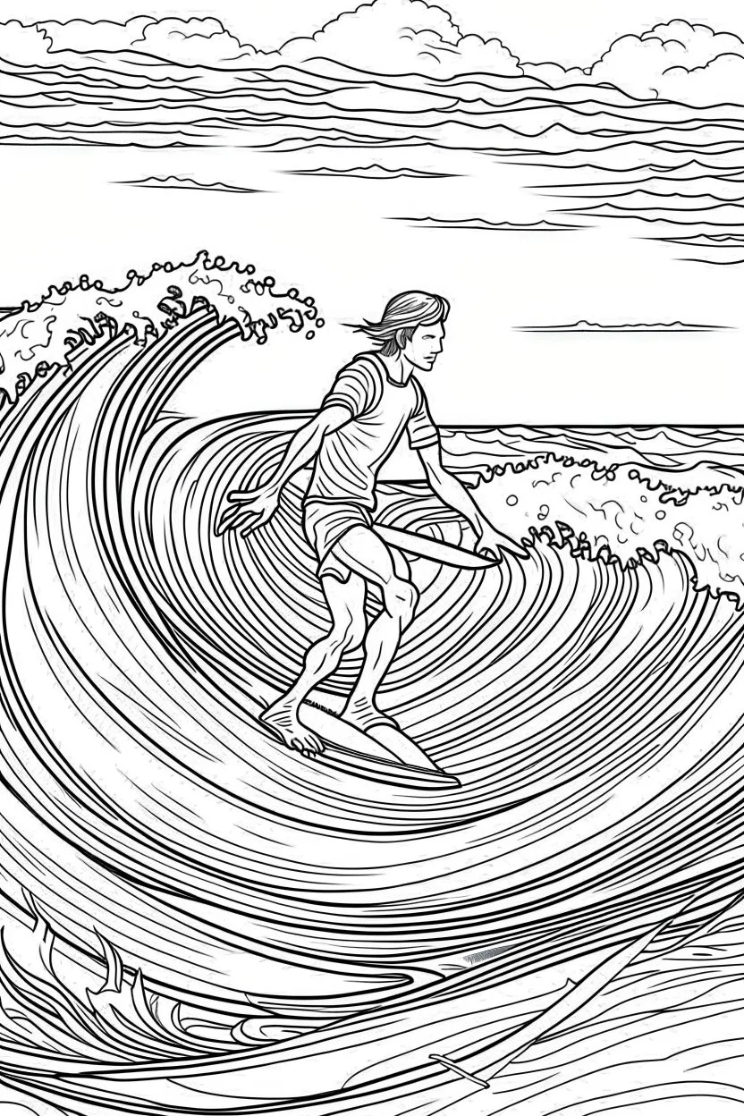 Outline art for coloring page OF A SURFER IN SHORTS RIDING A WAVE IN HAWAII LOOKING AWAY FROM US, coloring page, white background, Sketch style, only use outline, clean line art, white background, no shadows, no shading, no color, clear