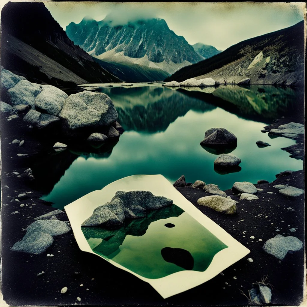 Sublime foto close-up polaroid ad alta definizione di una montagna rocciosa e falsa, un lago falso, surreale, collage art, dadaism, sublime, splimapys nero, cielo nero, acqua nera riflette un sole nero, macabre piante circondano il lago, alghe, hypermaximalist, Max Ernst figures, strangeness, intricate, hypnotic, obsessive, 8k, deep 3d field, very accentuated details of the rocks and shtn, eerie, artistic photo, shot on Hasselblad, large format film, medium format film