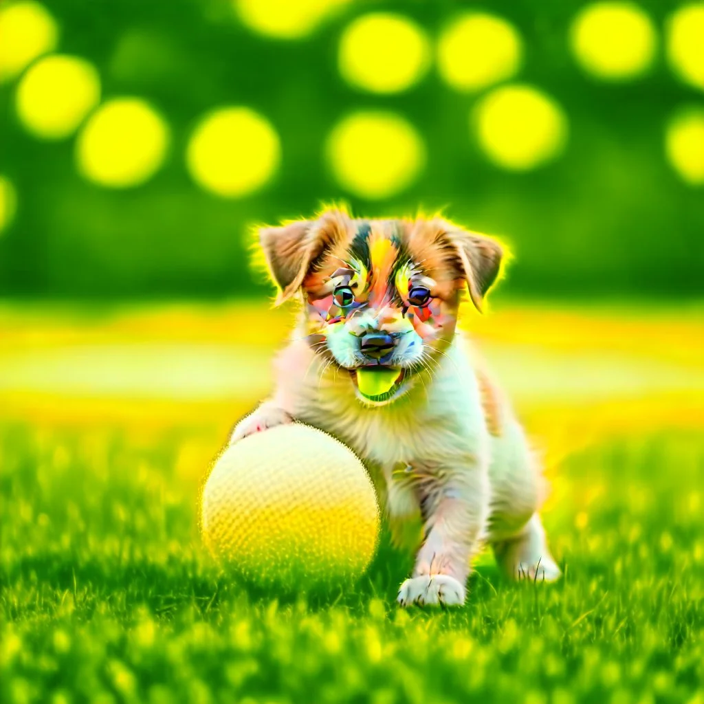 Cute puppy playing with his ball in the park.