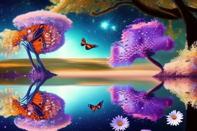 tree, water reflection, butterfly, flowers, galaxy, cosmos, science fiction, epic scene.