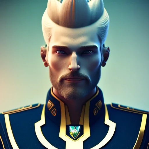 trés beau capitaine ténébreux galactique,yeux bleus, cheveux blonds, avec costumes bleu et or , arrière fond bleu galactique étoilés,8k, unreal engine 5