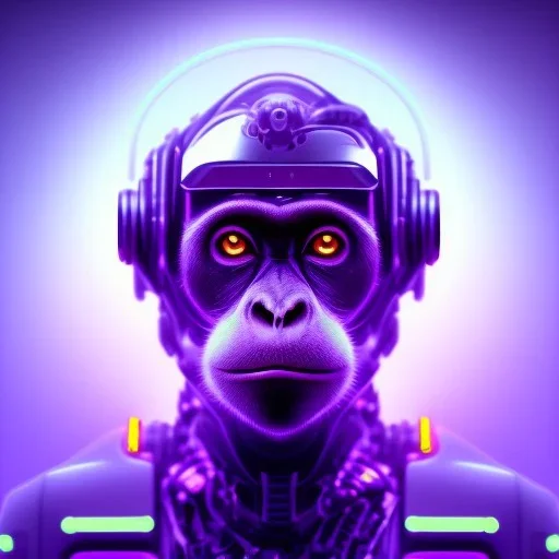 A beautiful portrait of a cyborg monkey purple neon color scheme, high key lighting, volumetric light high details psychedelic background