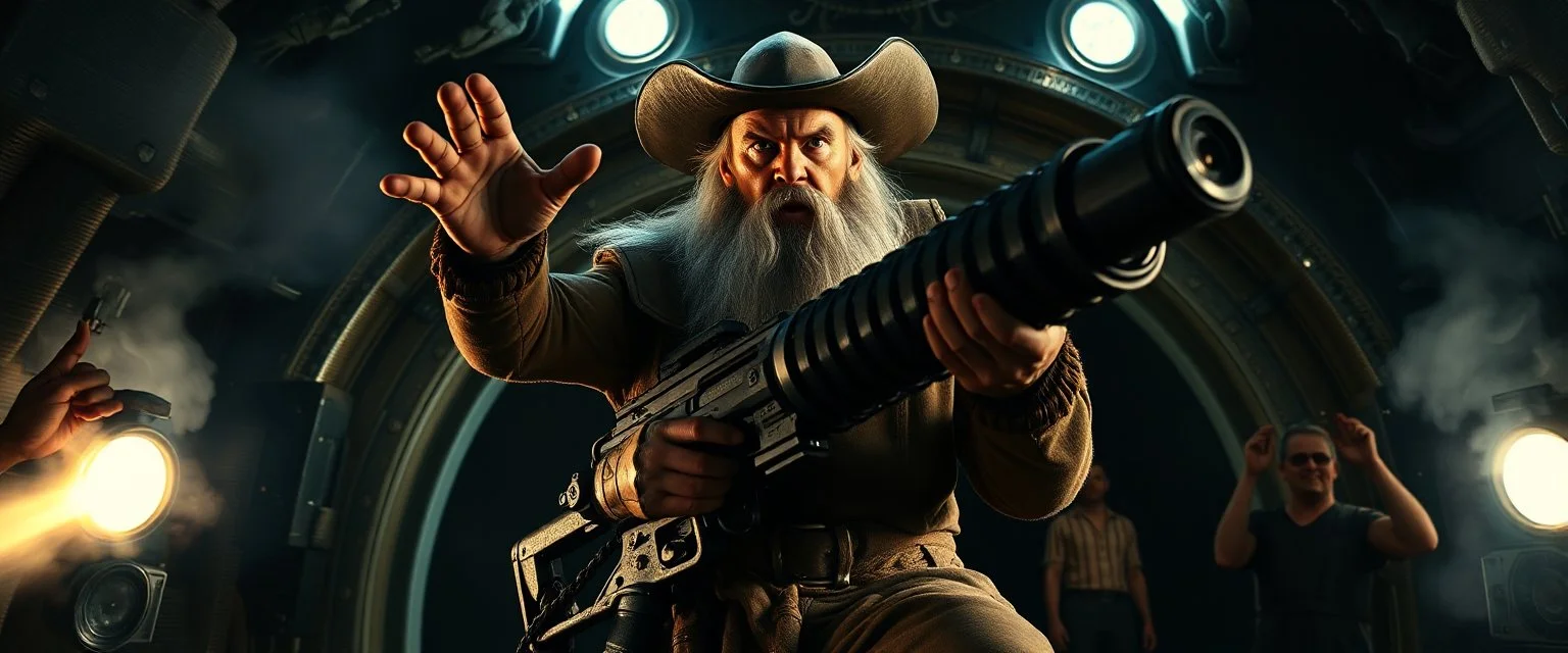 movie poster, portrait interview cowboy Albino Dwarf Spirit climbing outside space ship in cave holding huge mounted chain gun, motion blur, smoke and steam flashlights, prisoners with hands up