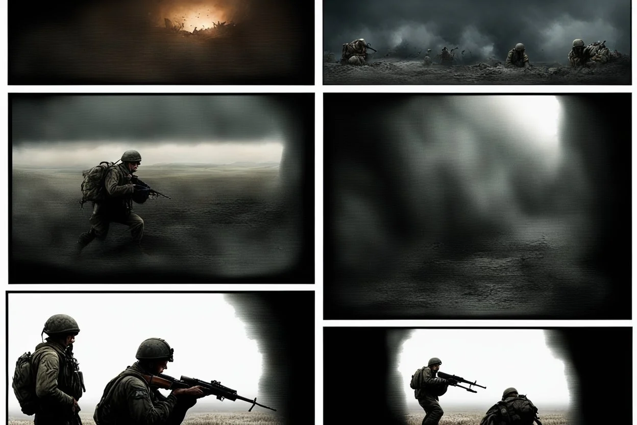 Masterpiece1:5)(Fineart), (award-winning:1.5), highest quality, (ultra realism:1.5) war journalism(,(by Tim Page and Hoorst Faas:1.5))(photorealistic:1.8),RAW pictures (Eastern Ukraine:(panel one:the moment after a battle ends, horrors of war, wounded men),(2nd panel, cinematic shot of men sitting in trench with 1000 yard stare (focus on their eyes:1.5)),(the third panel shows troops tired but hyper alert), (the fourth panel shows the sky is filled with incessant, fire and smoke,)