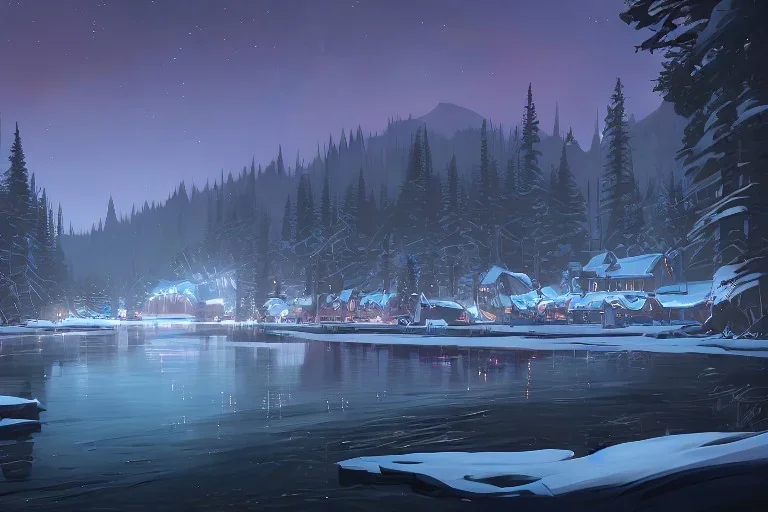 Concept art of Lake Dorothy, Washington, at night during winter by Ignis Bruno