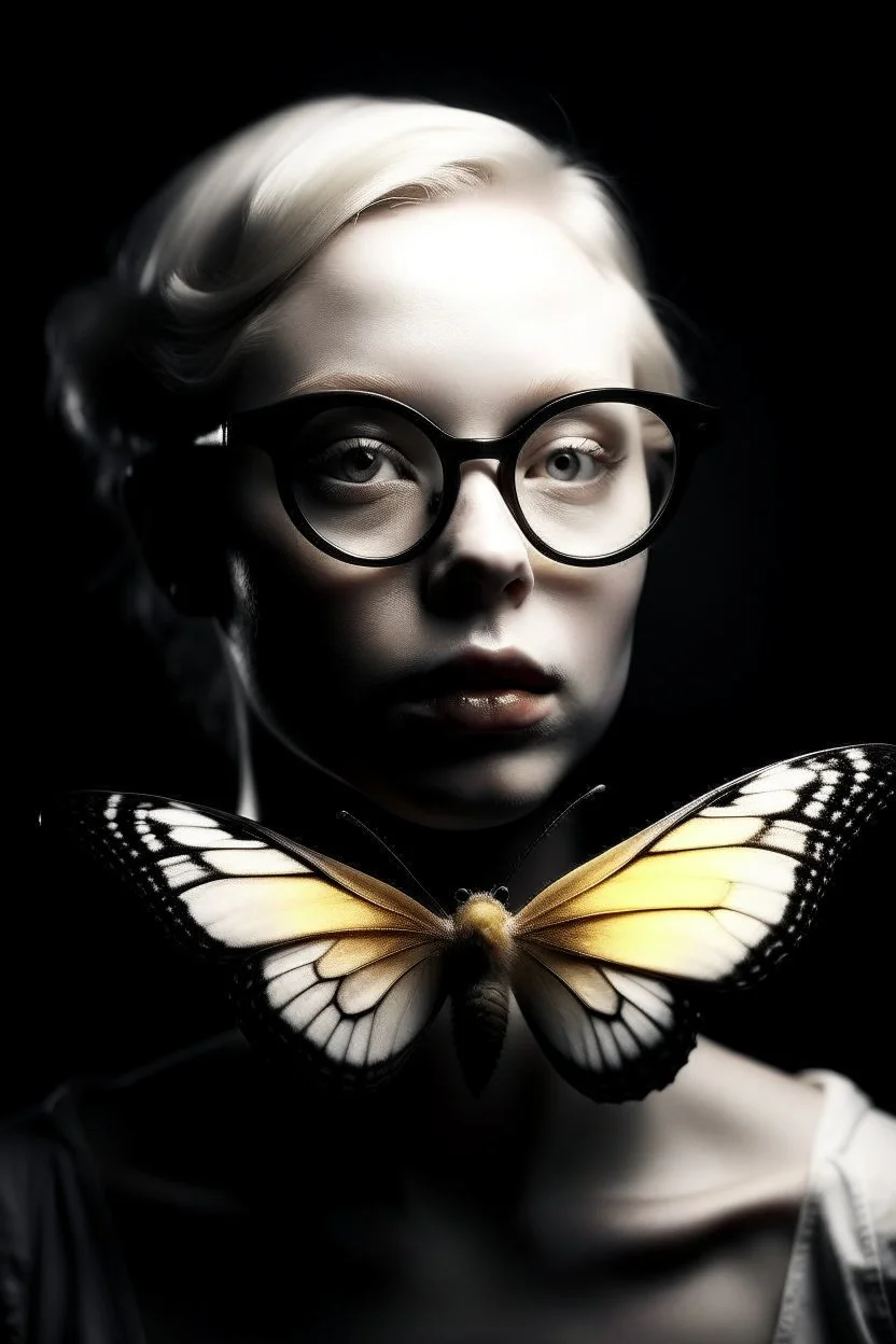 surreal,close up portrait an albino woman, the huge butterfly crawls out of from her mouth, dramatic lighting, photorealistic, 4k, highly detailed, sharp focus, acclaimed artwork, noir, dark, bizarretylized with glasses, bizarre,surreal,