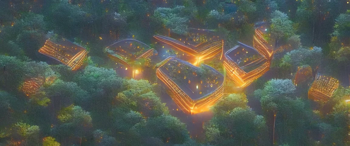 top view a open top huge library in forest with mystic fireflies and orange mystic lights around trees that have wide leaves and broad trunked at night.