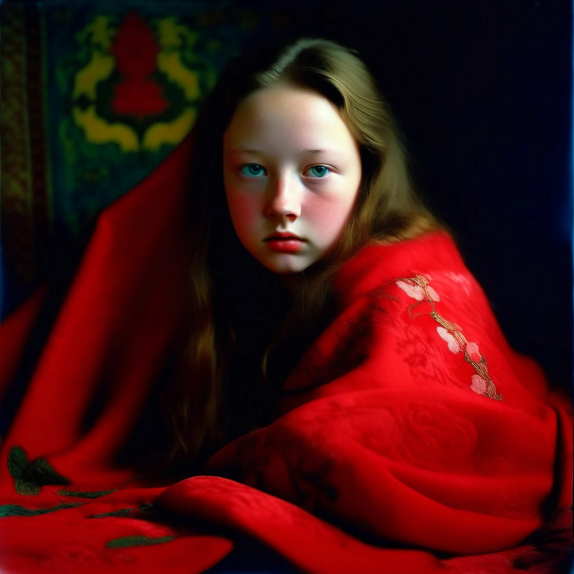 Devon aoki, grunge, in a red blanket, autochrome, baroque, studio