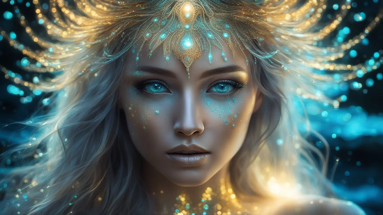 The photo is done in a bioluminescent and bioluminescent art style depicting a divine woman, Bioluminescent dewy translucent glowing skin, ethereal glowing eyes, long neck, perfect face in ultra-realistic details, flowing hair, The composition imitates a cinematic film with dazzling, golden and silver lighting effects. Intricate details, sharp focus, crystal clear skin create high detail. 3d, 64k, high resolution, high detail, computer graphics, hyperrealism, f/16, 1/300 sec.