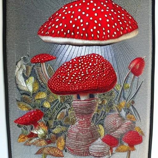 Red large Amanita muscaria mushrooms in a silver basket , Patchwork art,high detailed,dynamic colors,intricate.