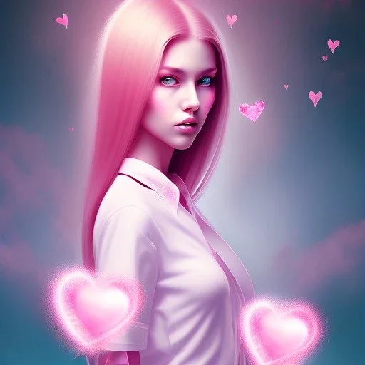 girl surrounded by pink mist and hearts