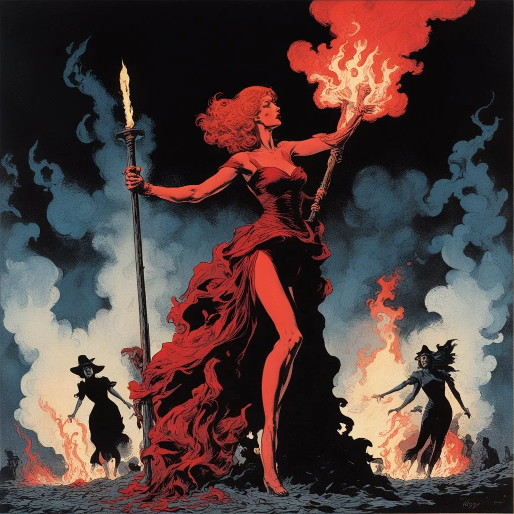 Midnight 18th century burning witches at the stake, dramatic, horror, by Jim Steranko, scary crimson hues, rough illustration