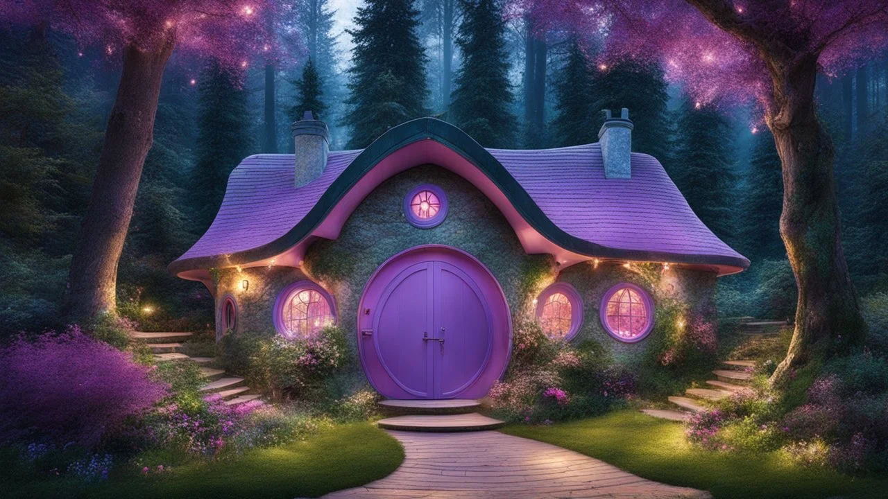 hobbit cottage in the woods surrounded by trees with fairy lights with a whimsical like feel, with pinks, blues, purple colors, circular door, circular windows, cottage is actually set back into a steep bank, illustration