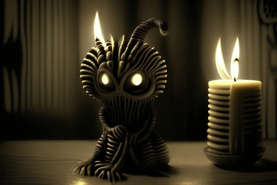 cute coffeshop creature H. R. Giger in candlelight