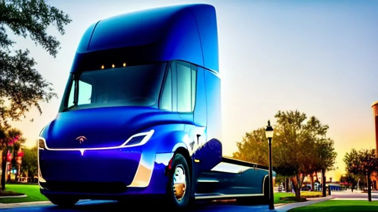 A Tesla semi-truck is parked, in the 'Islands of Adventure, Universal', in Orlando, Florida. CINEMATIC. WIDE ANGLE LENS.