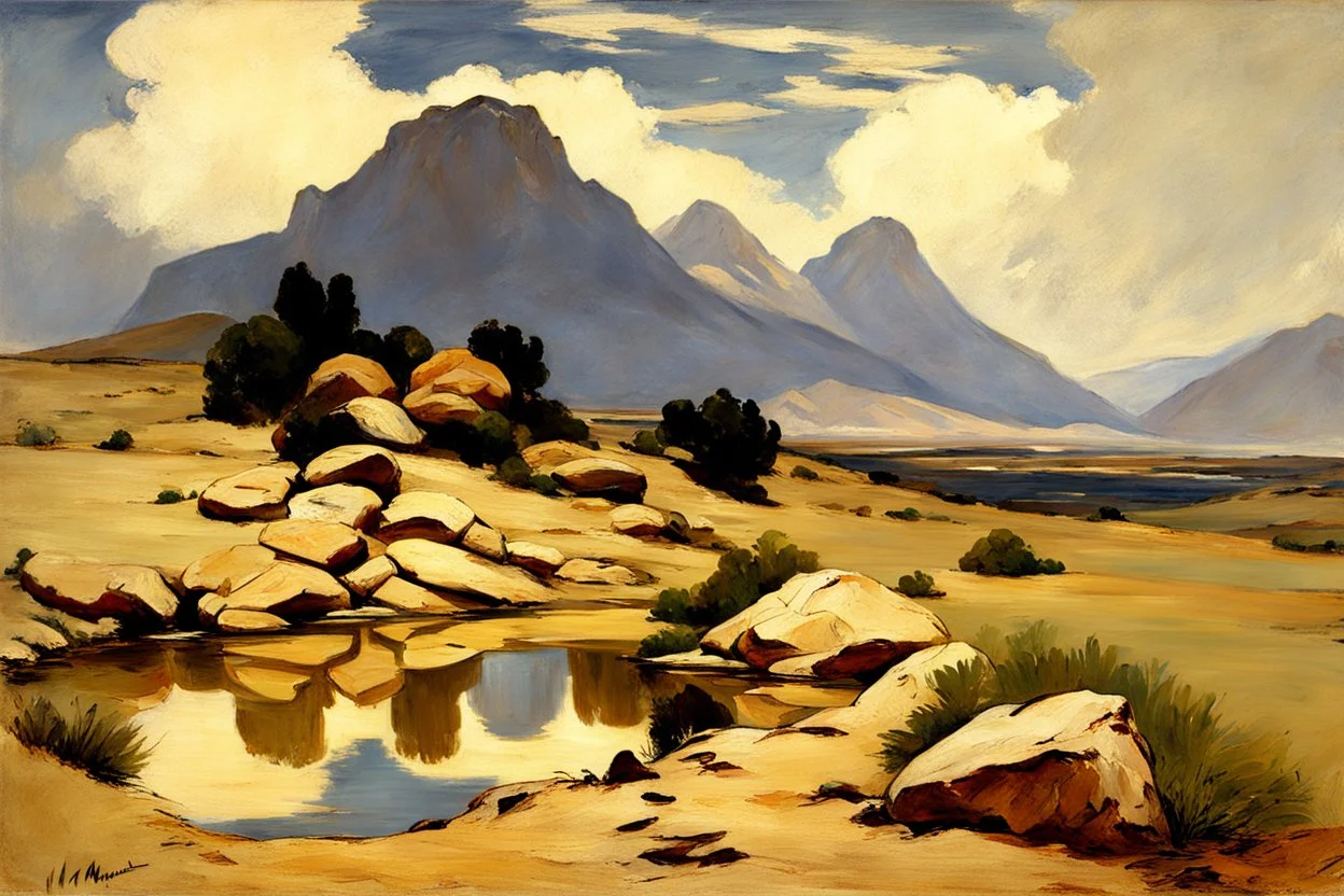 Arid land, clouds, mountains, rocks, puddle, vegetation, edouard manet impressionism painting