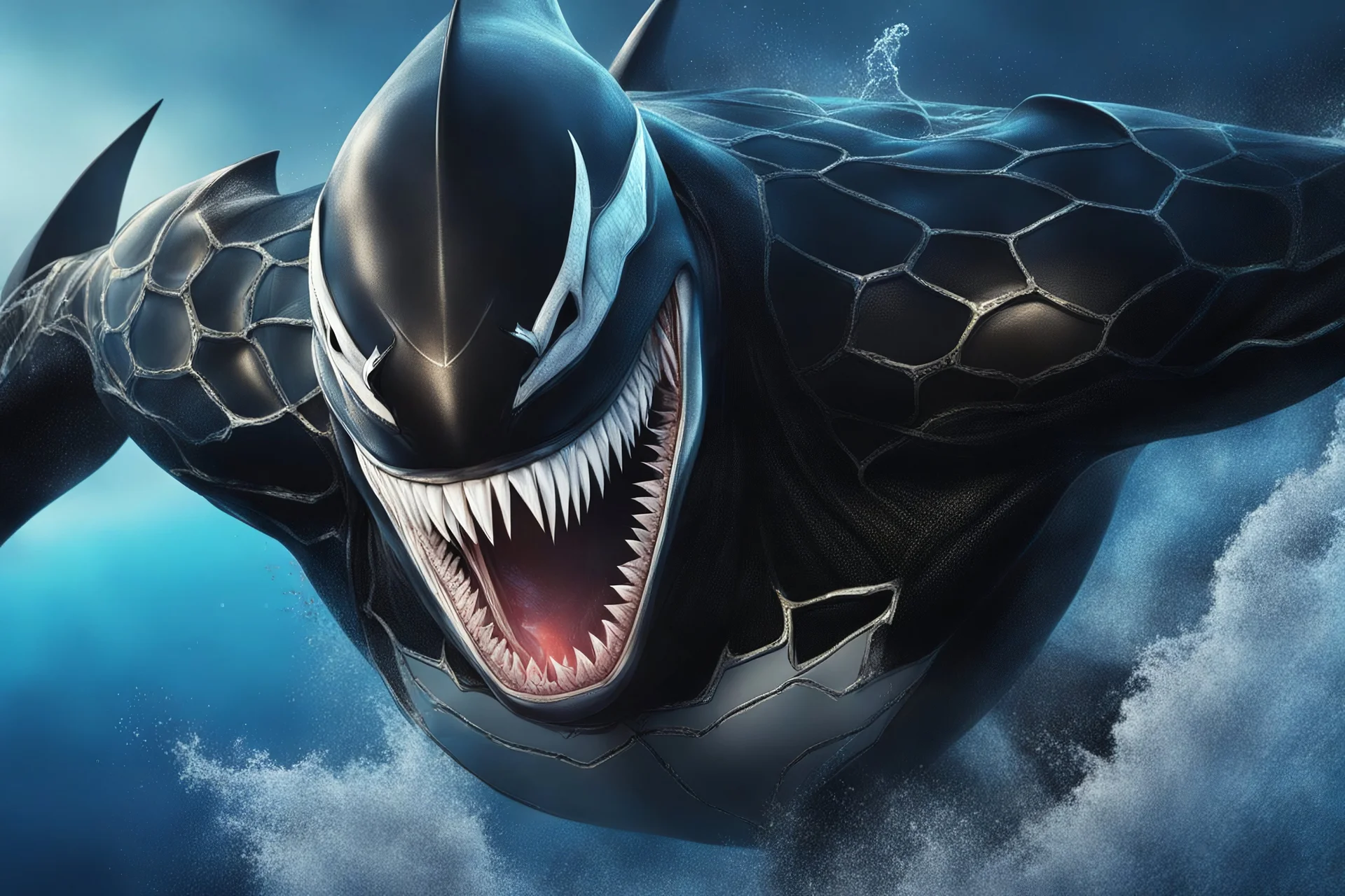 Black shark in 8k venom drawing, symbiote effects, blue lights, sea, intricate details, highly detailed, high details, detailed portrait, masterpiece,ultra detailed, ultra quality