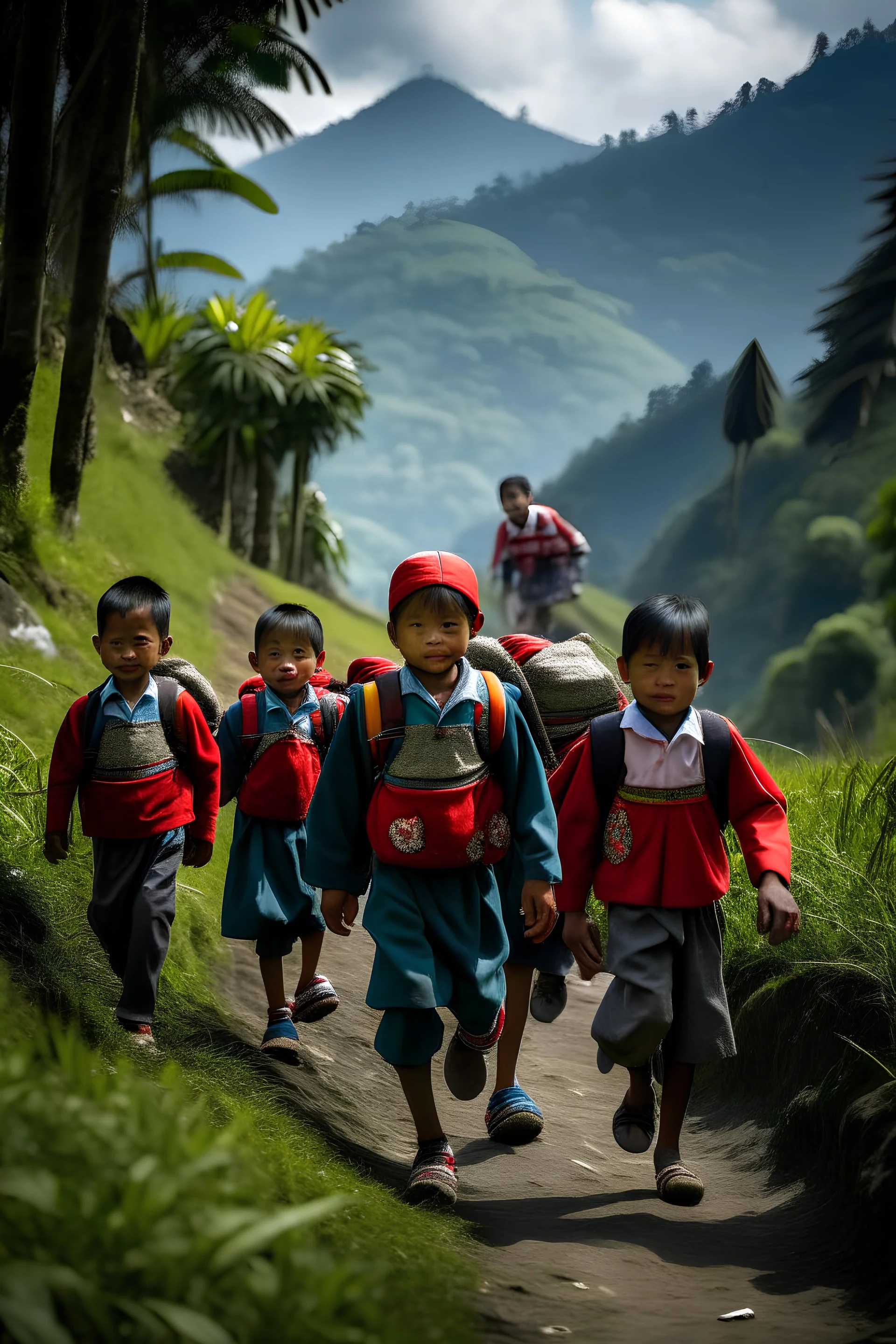 anak berangkat sekolah didaerah pegunungan indonesia