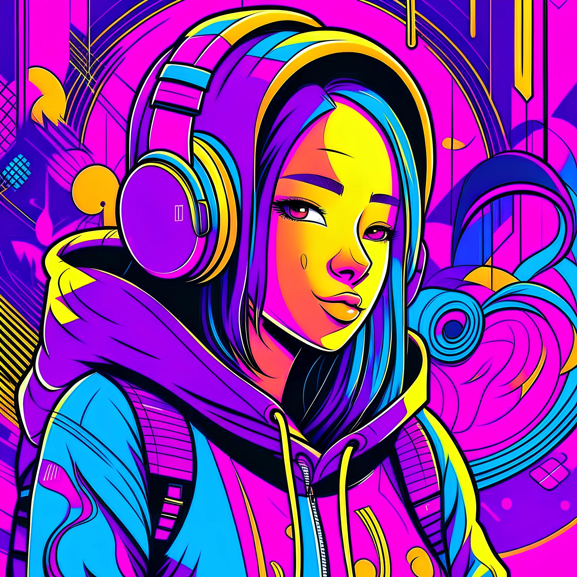 masterpiece, intricate details, a wide angle 2D anime bold line flat colour illustration of a cheerful girl in a high purple hoodie and headphone in hip hop style, dopamine style, overlaying mixed patterns of pop art text and emoji device installations, sharp focus, charming character illustration, beautiful vibrant kuler palette gradient