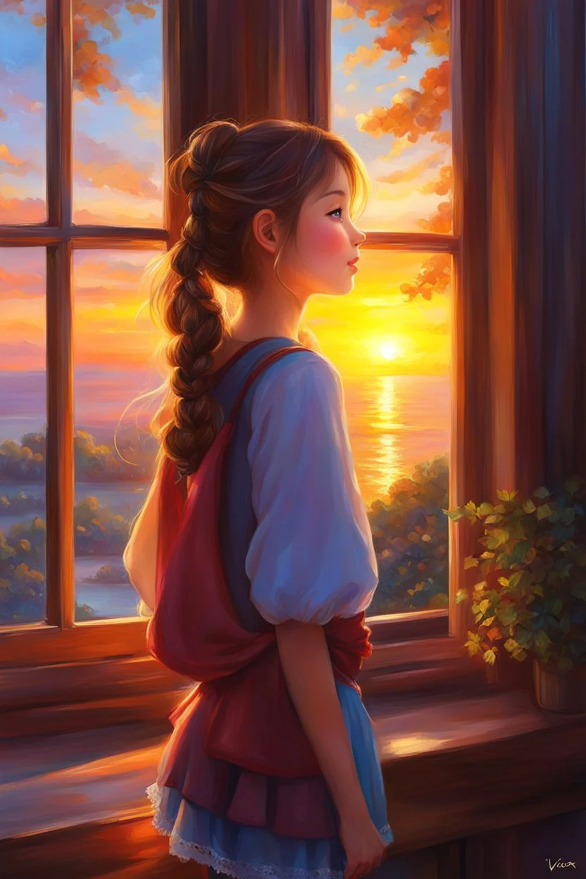 a girl looking out a window at the sunset, girl watching sunset, realistic cute girl painting, smiling girl, photorealistic anime girl render, looking at sunset, looking out at a sunset, cgsociety 9, beautiful character painting, portrait anime girl, beautiful anime portrait, photorealistic disney, by Victor Nizovtsev, sunset illustration