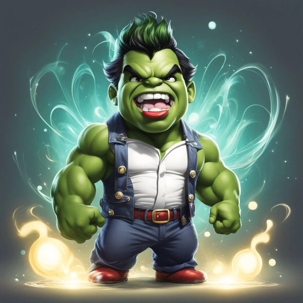 chibi cute caricature of Hulk as a 1940's clown, surrounded by will-o'-the-wisp, elegant, close wiew, dynamic pose, photorealistic rendering --ar 2:3 --stylize 500 --v 6