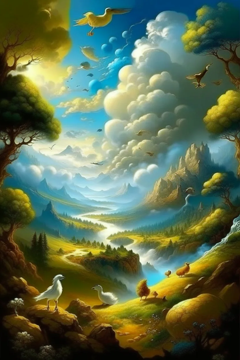 The creation of the world by God. In front of us is a valley with a beautiful landscape, where beautiful animals roam, beautiful birds fly in the sky, beautiful clouds and God in the clouds