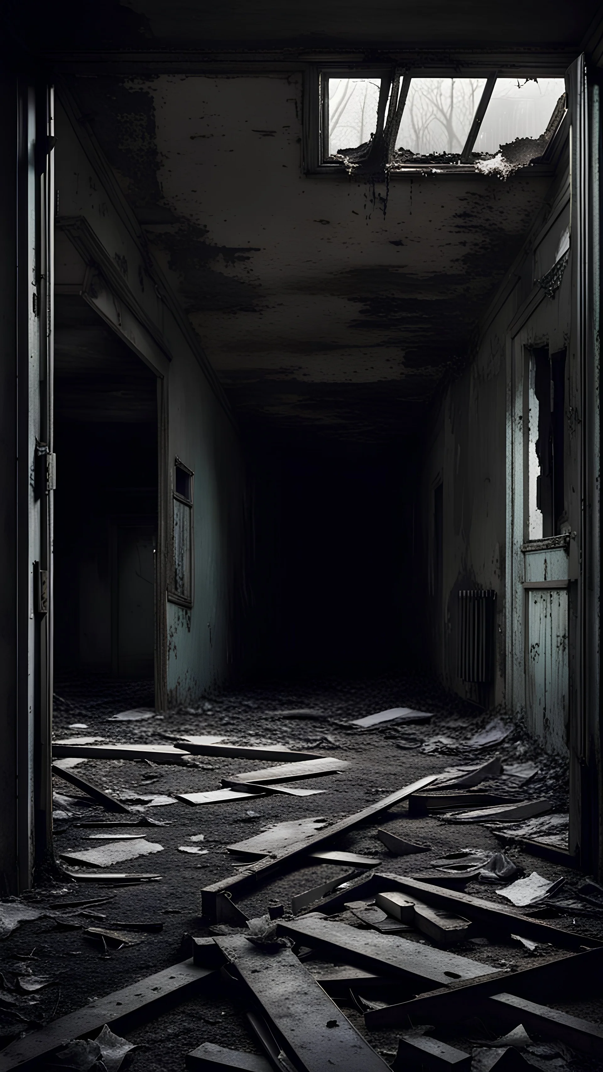 The frame opens onto abandoned buildings, an atmosphere of horror