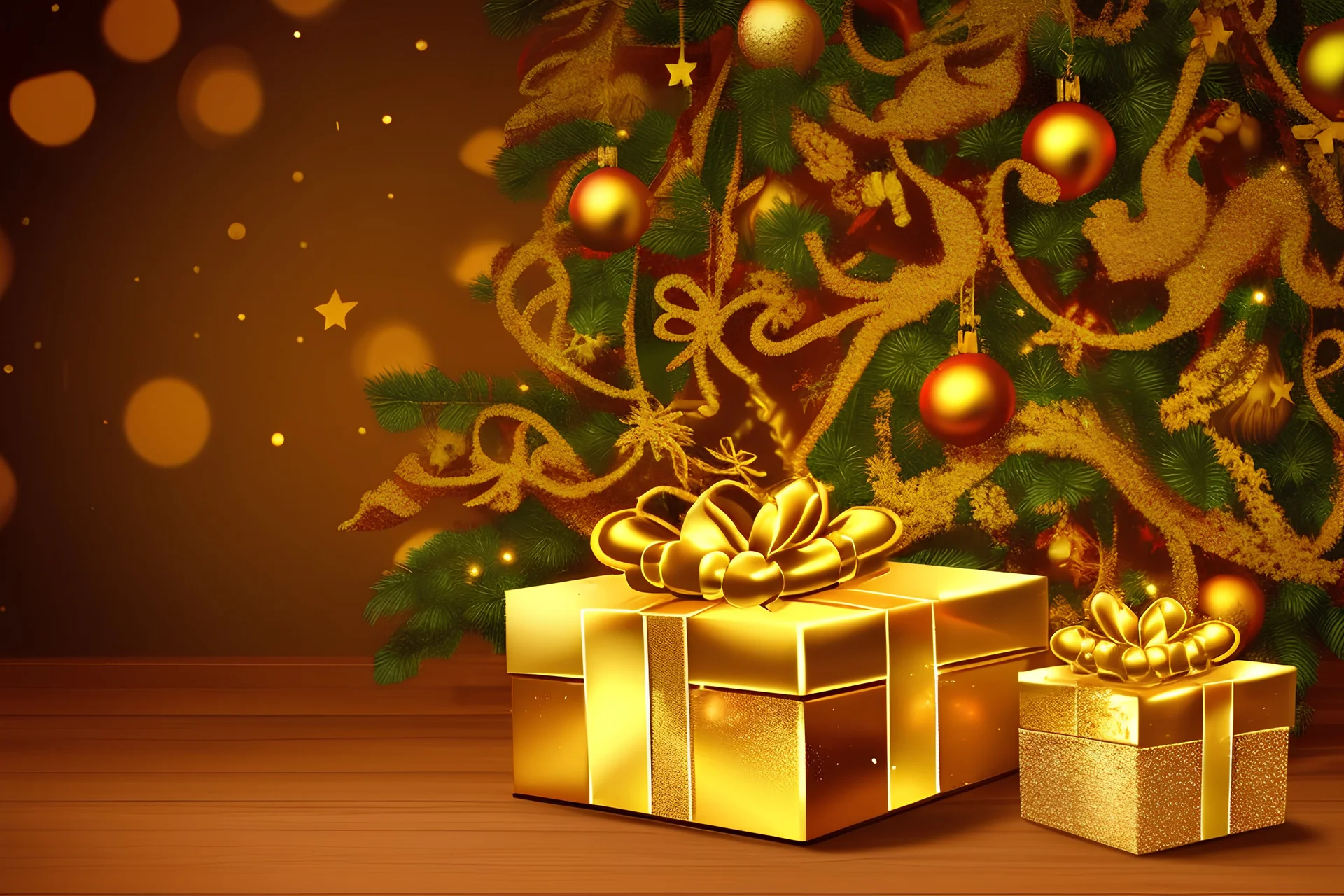 golden Christmas decorations and gift box on sparkling background , 8k , cinematic