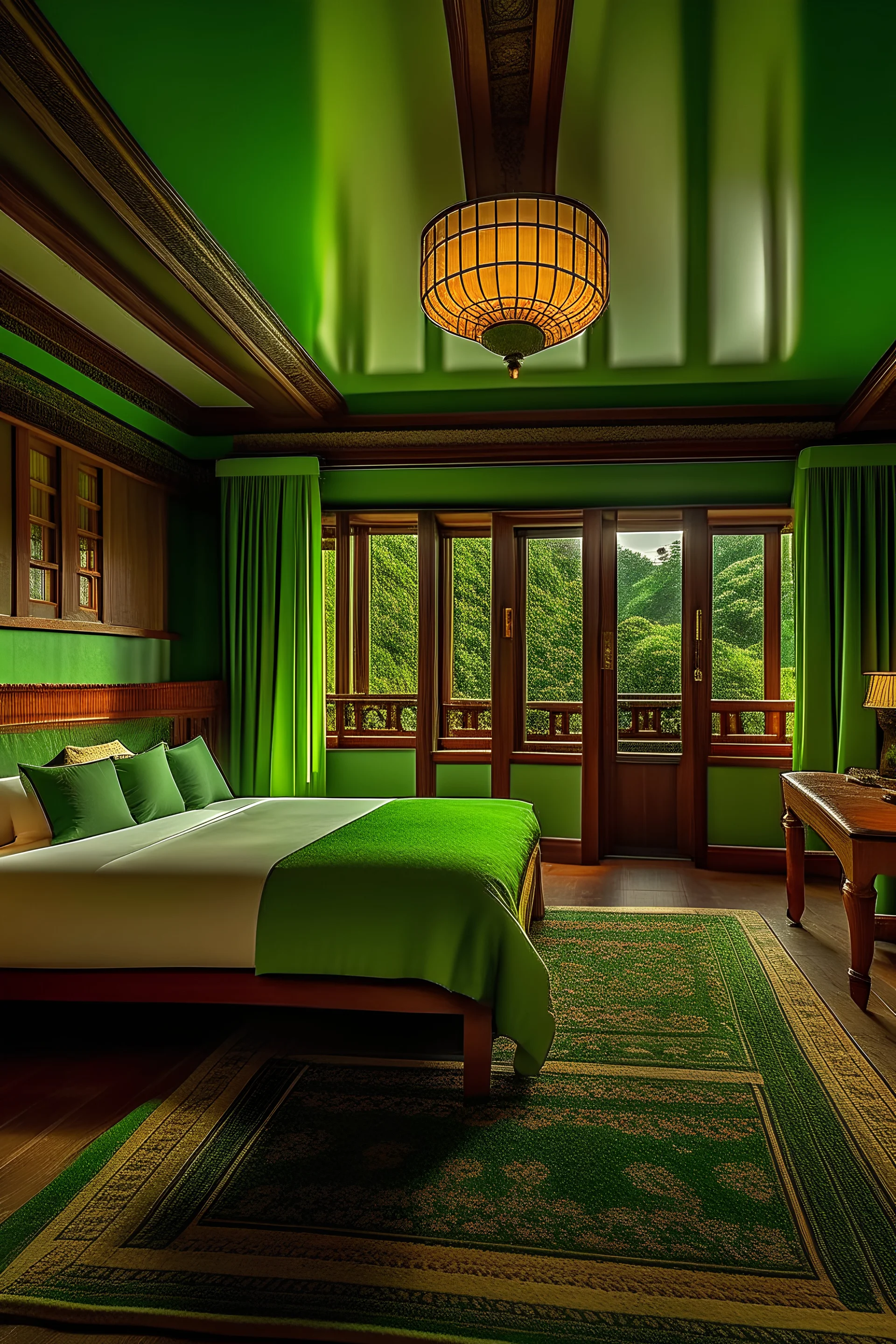 a hotel room with a green theme with Bhutanese architecture and two single beds. show the whole room layout