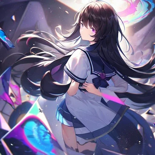 Clear focus, High resolution, Black long fluffy hair, purple eyes, wearing a sailor uniform, shattered rainbow in triagle formation,