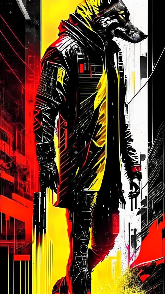 Dogman cyberpunk, lineal arte, intrincado, incredible work of art, black, White, red and yellow colors, full body