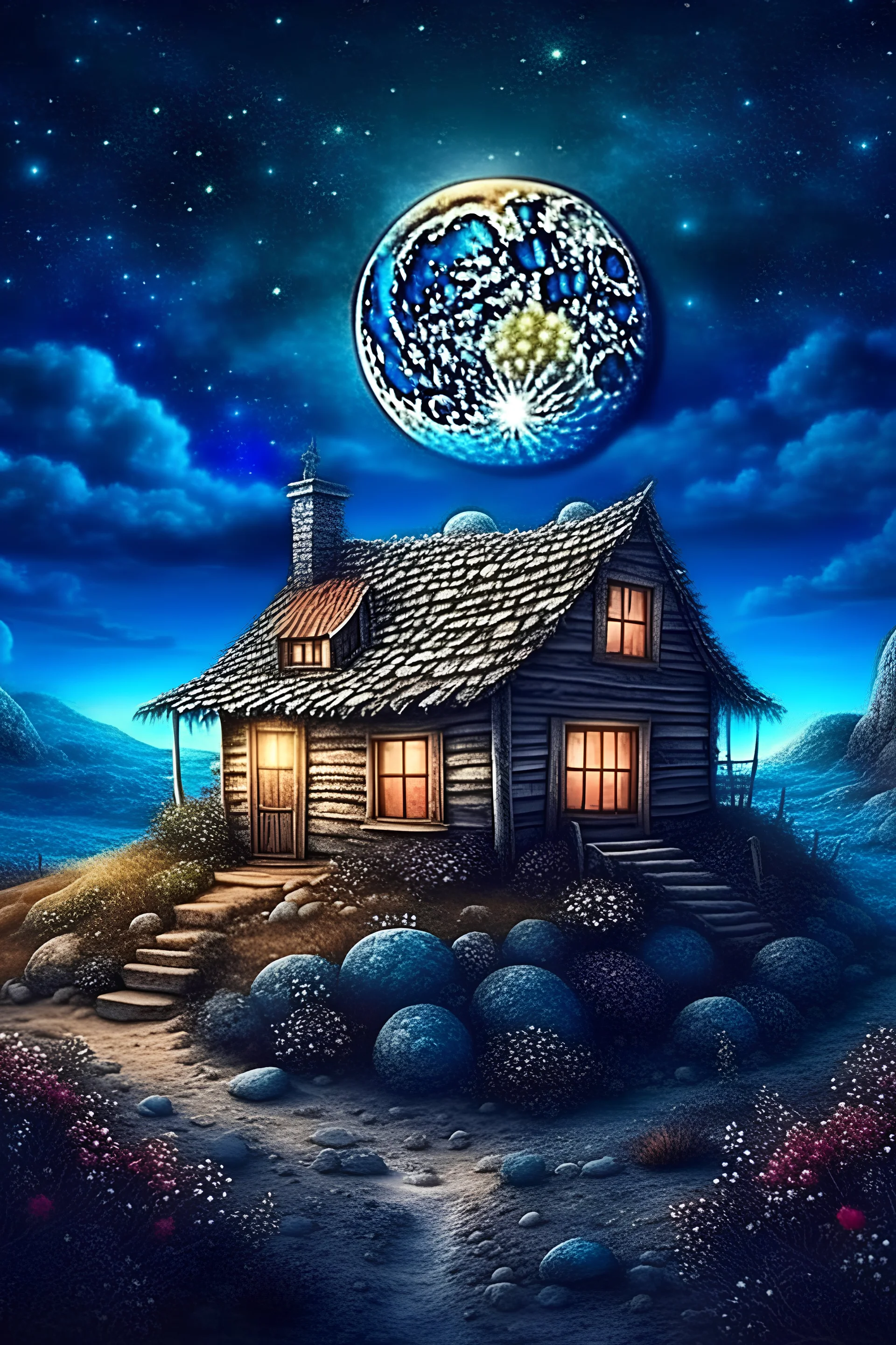 a small cottage on the moon, artistic, mystical, magical