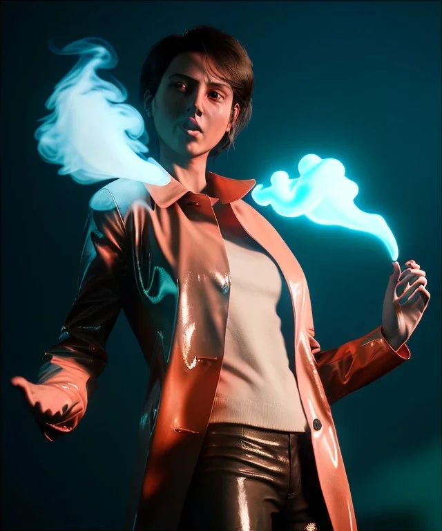 Ultra Realistic image, photo studio, medium shot view, a woman making the fuck off gesture with his hand, blue smoke coming out of his nose and mouth, happy. Latex inflatable coat, soft color, highly detailed, unreal engine 5, ray tracing, RTX, lumen lighting, ultra detail, volumetric lighting, finely drawn, high definition, high resolution.