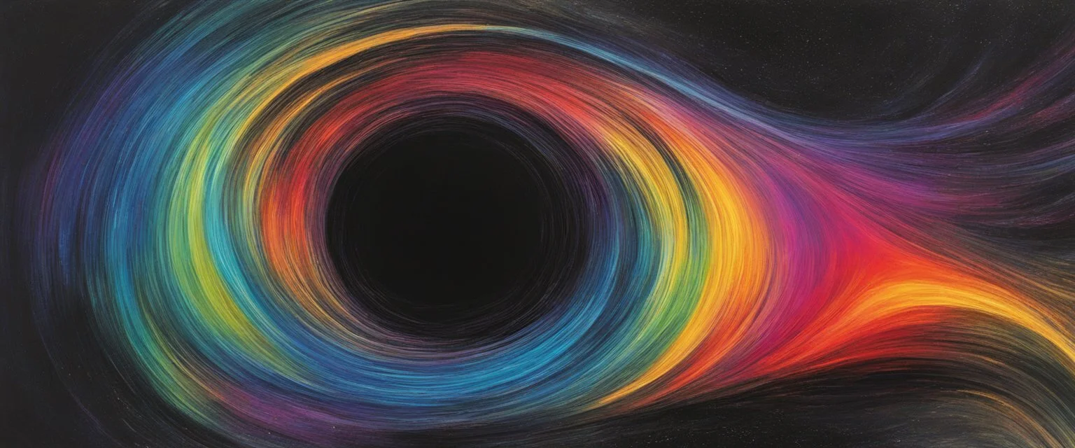 colorful, rainbow, A visually striking and abstract representation of the void and a black hole, utilizing dark hues and dynamic shapes to evoke the enigmatic and powerful aspects of cosmic emptiness, (visually striking abstract representation:1.4), (the void and black hole:1.5), (dark hues and dynamic shapes:1.3), (expressive and cosmic ambiance:1.2), drawing inspiration from abstract interpretations of the cosmic void and black hole phenomena