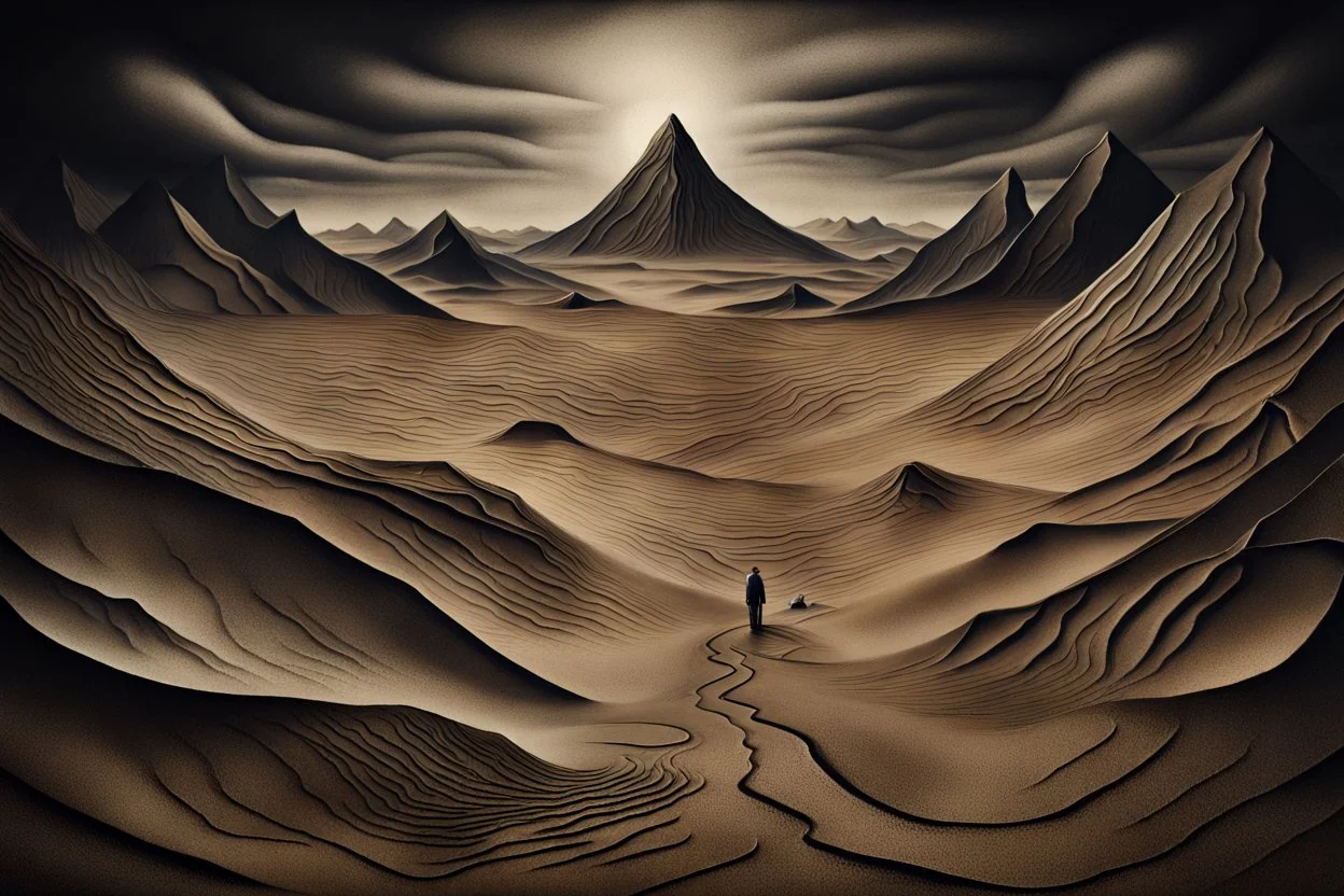 inner world and dynamics of the uncontrolled mind and soul, chaotic, lonely island , vallay and mountains, deep Sahara, surreal cracked , brocken weird land. The Whimsical style , dark visions , thin bronse lines, impasto high textures, lonely, dark vibe, absurd beauty, deep, dark nightmare . The broken, weird bizarre landscape, dark dunes, surreal mood