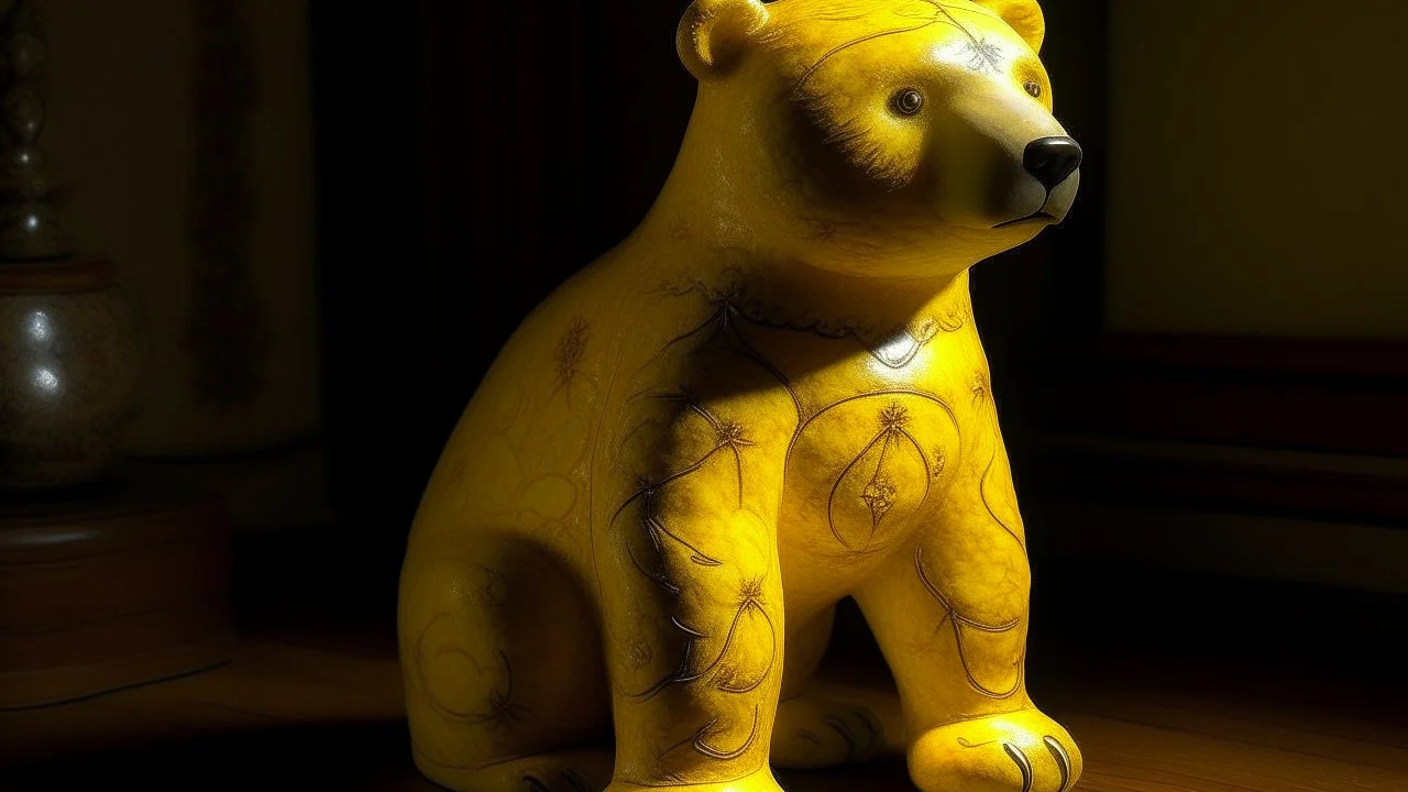 A yellow light elemental bear designed in ancient Greek pottery painted by Caspar David Friedrich