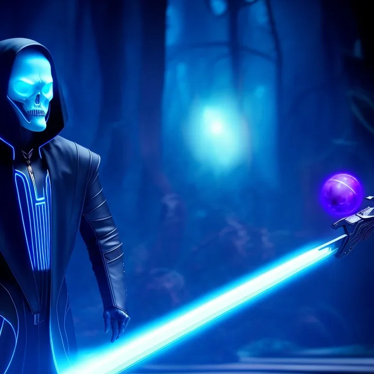 The Grim Reaper in Tron world, discussing the future of the universe, art by Magritte and Pixar