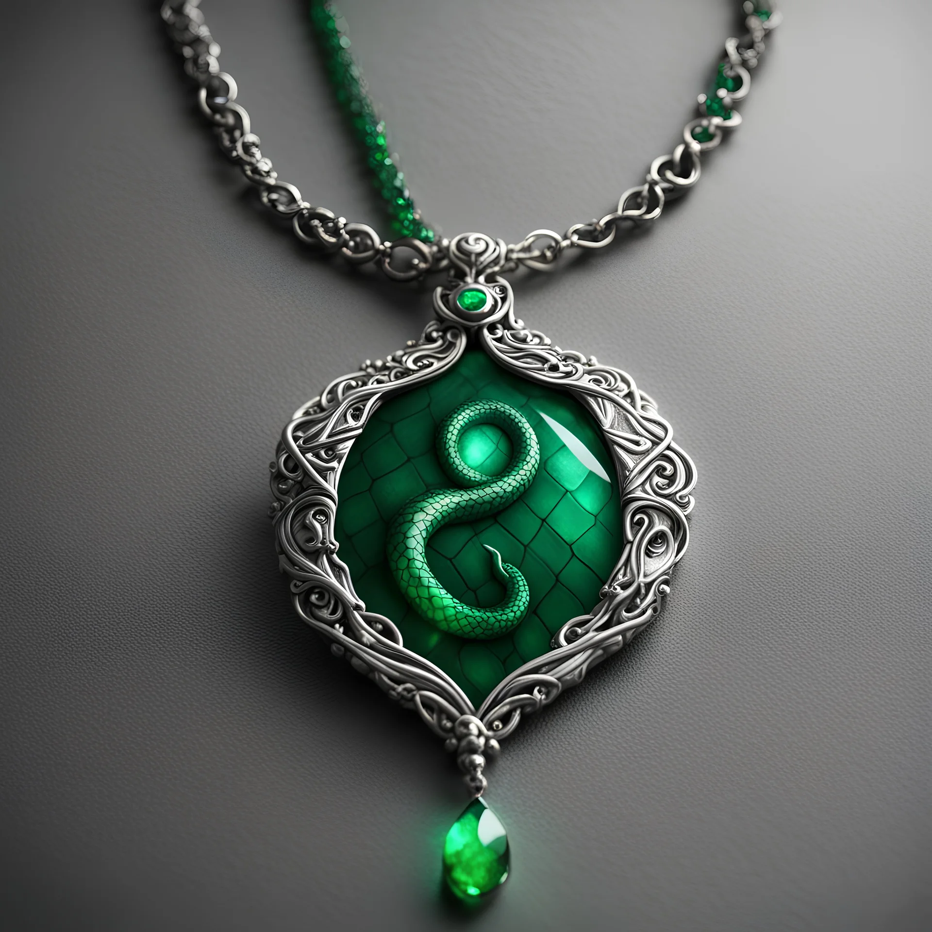 necklace, magic, superpower, slytherin, jewel, luxury, wizard, green, emerald, silver, snake, scales, evil, glowing, emissive