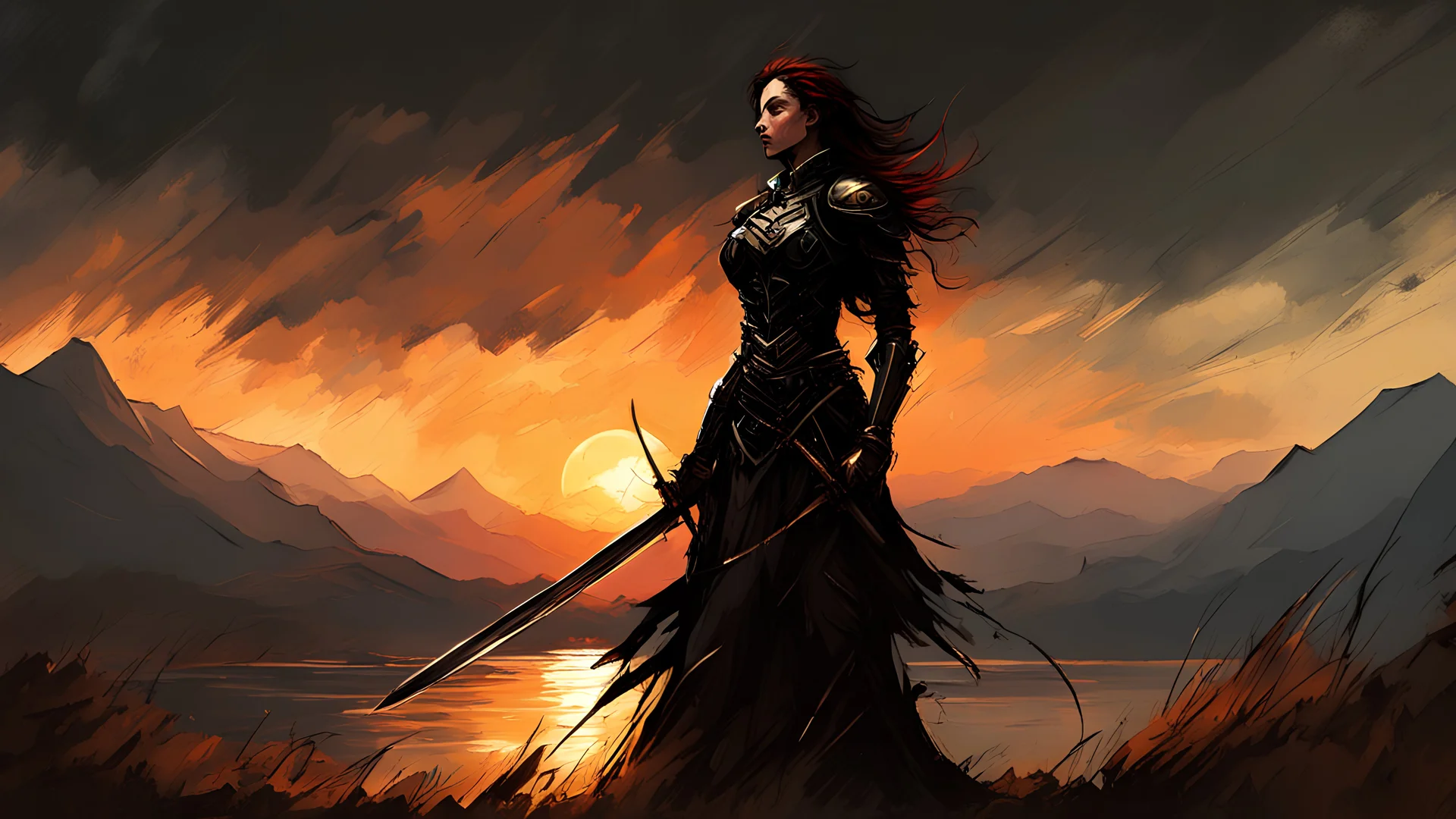 A formidable warrior girl in black armor, on the background Amazing gloomy landscape, flooded with sunset, mountains, trees, fabulous scary hero, , juicy emotions, painting, dark fantasy, gloomy day, dark world, portrait, by Leonid Afremov & Benedick Bana & Atelier Olschinsky & Ian McQue