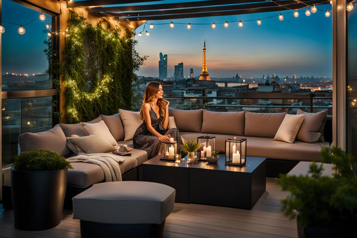 Middle shot from a beauty lady is sitting on the sofa in a nice shiny dress and enjoying the evening atmosphere. , a Roof terrace with sofas, one poof a small table with cocktail and potted plants. The area is lit by string lights, cozy atmosphere. the illuminated terrace and the view of the big city in the background makes this environment relaxing and spectacular. high detalied, cinematic